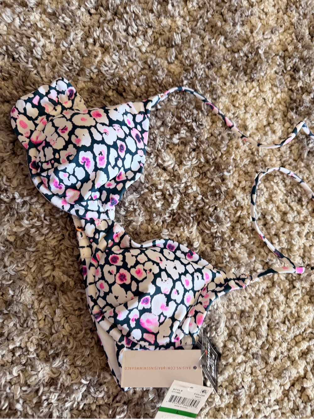 Raisins Black White Pink Floral Triangle Bikini Top